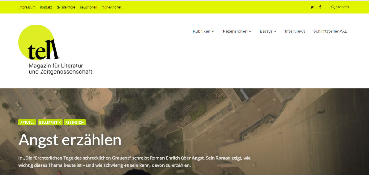 Screenshot: Startseite von "tell – Magazin für Literatur und Zeitgenossenschaft"