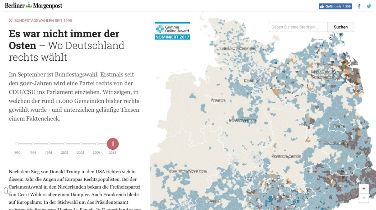 Screenshot: Interaktive Wahlkarte der Wahlkarte "Es war nicht immer der Osten"