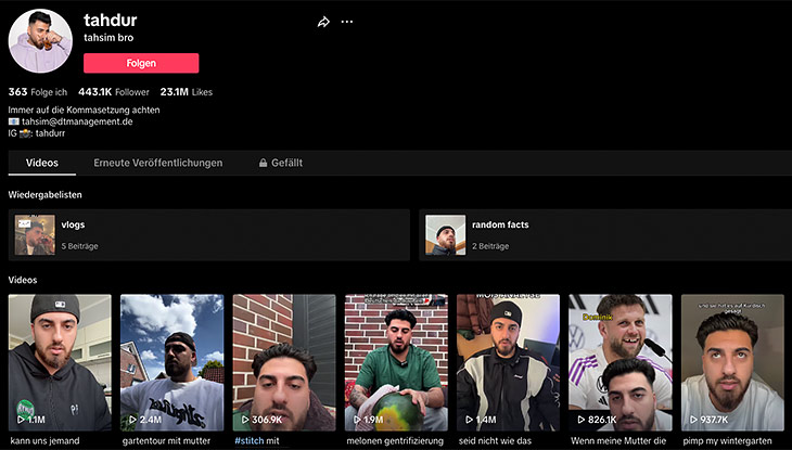 Screenshot des TikTok-Kanals @tahdur